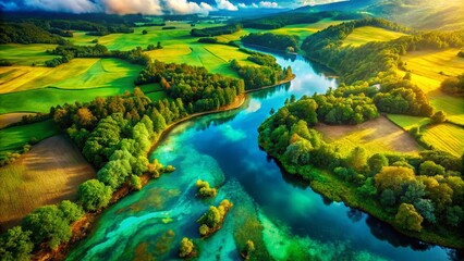 Abstract Green Blue Yellow Watercolor Aerial View Painting