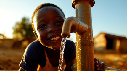 Joyful Boy Drinking Fresh Water from Well in African Village Happy Child and Life Giving Liquid Resource