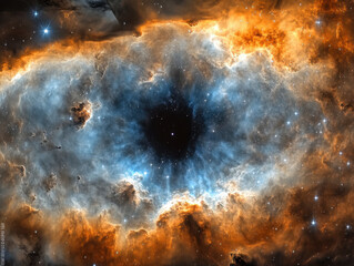 Enigmatic nebula with dark central void, surrounded by vivid cosmic clouds in orange and blue, depicting the vastness and mystery of the universe.