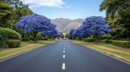 Fototapeta premium Scenic road lined with blooming jacaranda trees, spring nature beauty, tranquil travel destination background