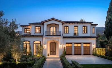 Fototapeta premium Luxurious two-story villa at dusk with warm lighting.