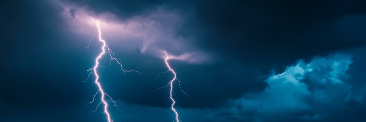 Thunderstorm with dramatic lightning bolts striking dark night sky, nature's power, monsoon weather, electricity