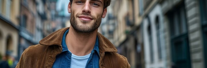 Fototapeta premium Young Caucasian man smiling confidently in urban street, fashion style and casual lifestyle exploration