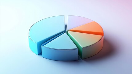 Obraz premium A modern and clean D pie chart with six sections, each in different shades of blue, green, and orange, placed on a gradient white surface.