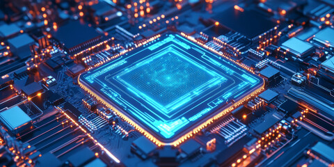 Obraz premium A futuristic 3D background of an enormous AI core chamber. The massive central processor pulses with blue energy, surrounded by intricate, glowing circuitry. Mechanical drones hover, maintaining the