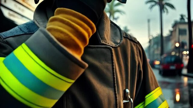 Primer plano de un bombero con casco en una escena urbana bajo la lluvia