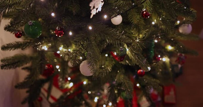 Close-Up of Christmas Tree with Holiday Lights and Ornaments