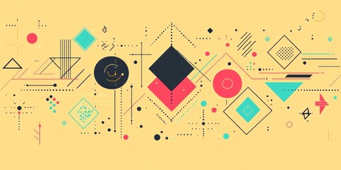 Obraz premium Abstract geometric pattern with squares circles and lines on tan