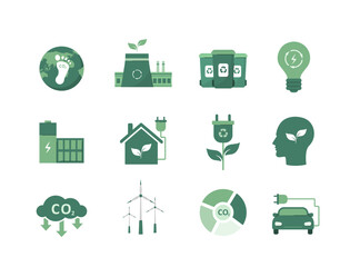 Ecology icons set. CO2 Neutral. Eco Environment Signs Collection. Green energy, Net zero. Circular economy. Vector illustration in flat cartoon style.