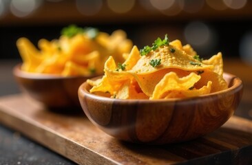 Potato chips in wooden bowl. Crisp with greens on setting table, close up