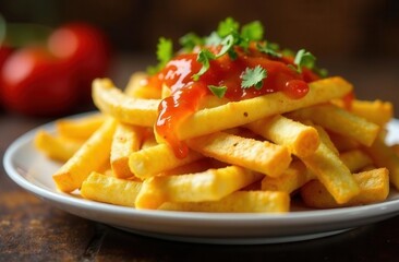  French fried potatoes in wooden pot, close up