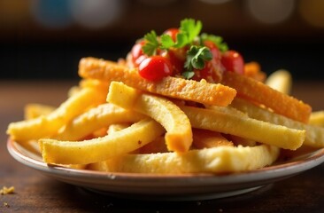 French fried potatoes in wooden pot, close up