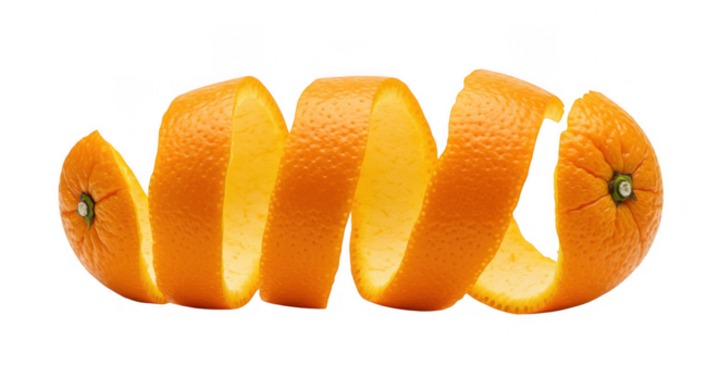 A close up of an orange peel spiraling in a continuous strip