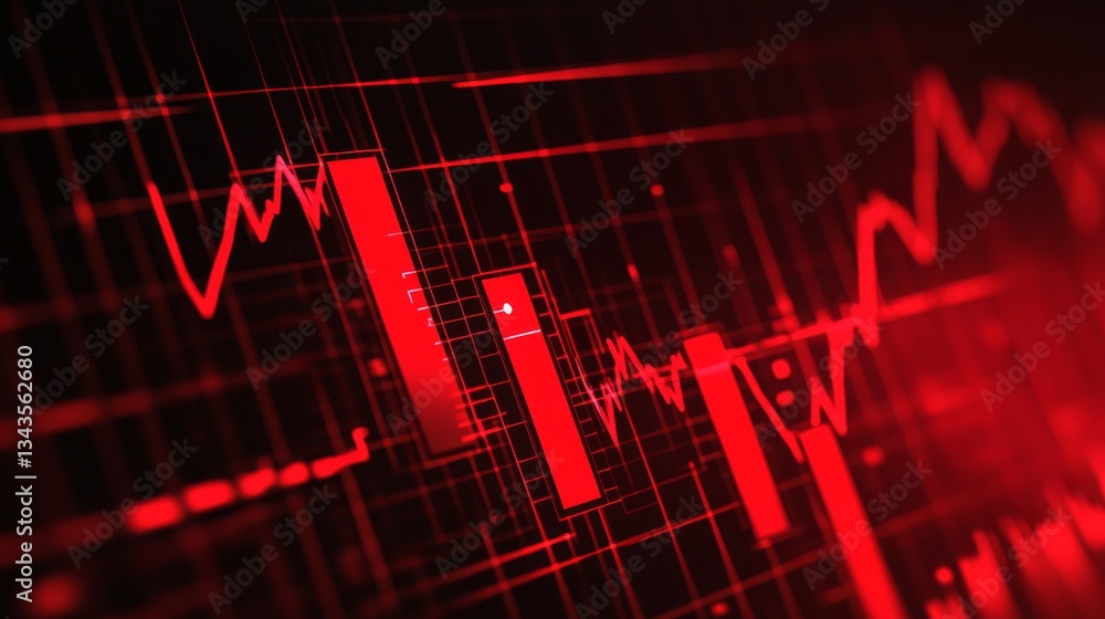 Poster a sharp red d graph showing a downward trend, representing a recession, with falling bars and negati