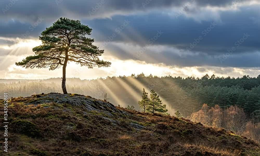 Wall mural serene landscape with a lone tree on rocky ground illuminated by sunlight rays breaking through clou