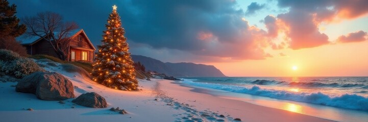 Naklejka premium Isolated Christmas wonderland on deserted shore, serene, isolated