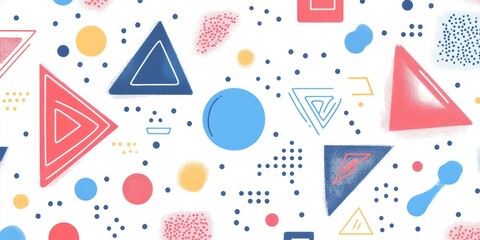 Playful seamless pattern with geometric shapes and dots spread randomly