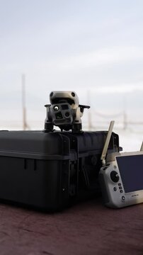 Vertical shot of approach toward drone equipment on wooden table, Czechia