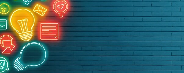 strategic marketing sales strategy social media concept. Illuminated icons on a textured wall background.