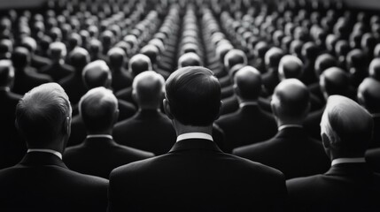 Obraz premium Monochrome rows of suited men, abstract corporate identity, business uniformity concept, professional gathering
