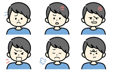 怒っている人のイラストセット　青色の服を着た人物