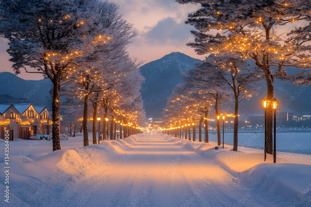 Poster snow-covered path lined with illuminated trees at dusk, mountains in background