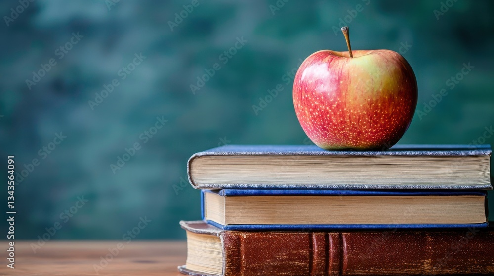 Poster the symbolism of knowledge an apple on top of books signifying education and learning in a vibrant s