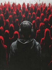 Solitary figure in headphones, facing a sea of red-hooded figures