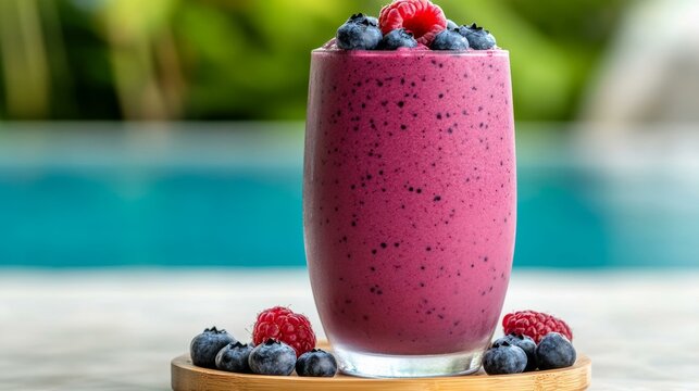 Creamy mixed berry smoothie in a glass with fresh berries, perfect for summer refreshment, healthy beverage concept, vibrant colors by the pool