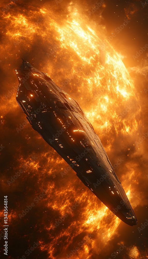 Poster spaceship navigating fiery nebula