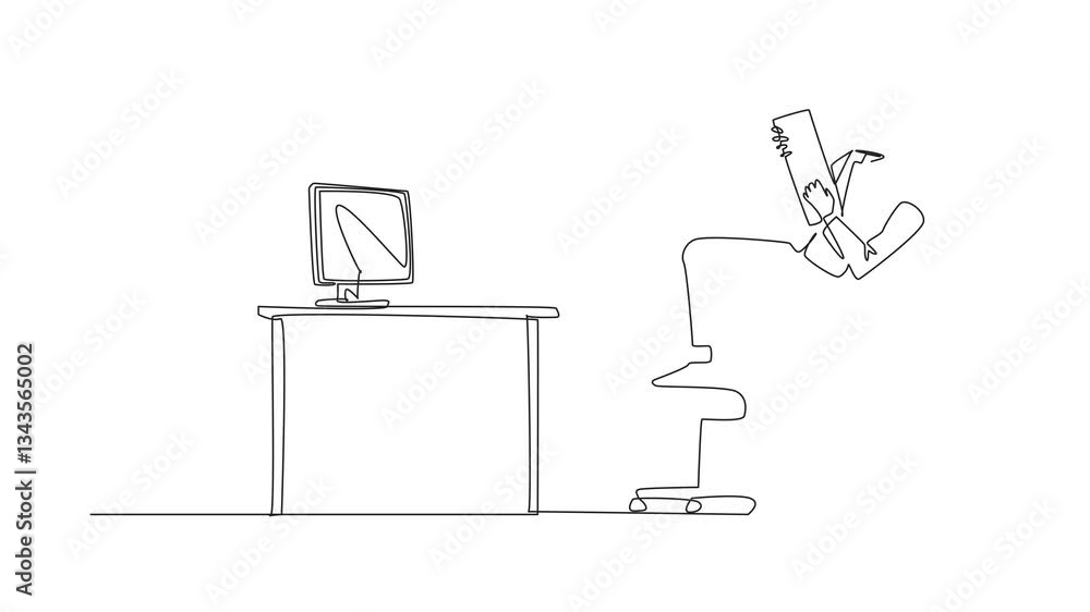 Poster animation of single continuous line drawing businessman wearing headphones and using keyboard like g