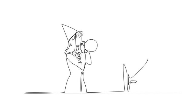 Animated self drawing of a single one line drawing of a businessman and businesswoman wearing party hats blowing up balloons. Top priority is celebration. National Goof Off Day. Full length animation