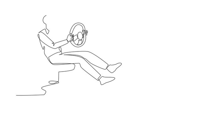 Animation of continuous one line drawing of a businessman sitting on an office chair playing with the steering wheel. Latest car racing game. Lazy day. National Goof Off Day. Full length motion - Powered by Adobe