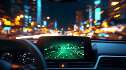 Driving through a city at night with navigation guidance