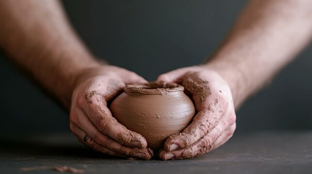 Male hands molding clay pot, artisanal craftsmanship, creativity in pottery making, artistic handmade gift