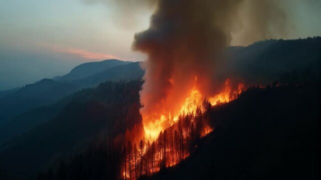 Incendio forestal en monta&ntilde;a con humo y llamas intensas