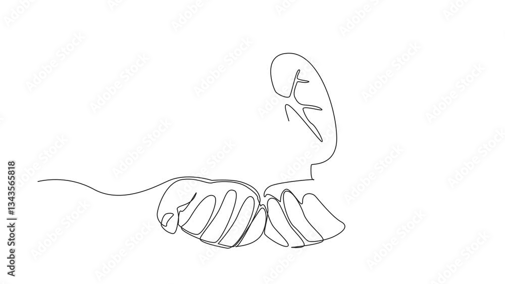 Poster self drawing animation of continuous one line drawing two open palms with lungs on top. do the best 