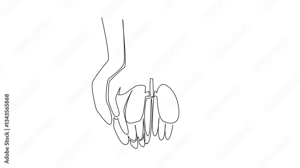 Poster animated self drawing of a single continuous line drawing two palms of a child and an adult stacked 