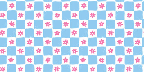 WebRetro checkered seamless pattern with pink flowers for nursery prints, wallpaper, wrapping paper, stationery, scrapbooking, kids apparel decor, digital paper, backgrounds, etc. EPS 10