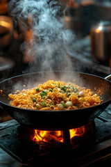 Steaming noodles cooking in a wok over an open flame