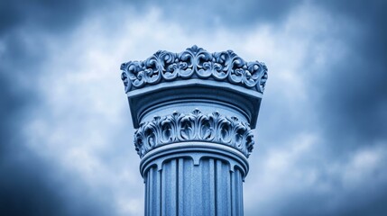 Ornate architectural column against dramatic cloudy sky, symbolizing classicism and historical grandeur in architecture