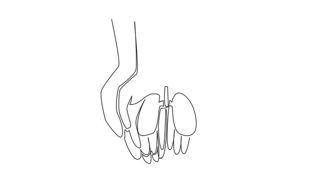 Animated self drawing of a single continuous line drawing two palms of a child and an adult stacked with lungs on top. Care for the lung health.  World Tuberculosis Day. Full length animation