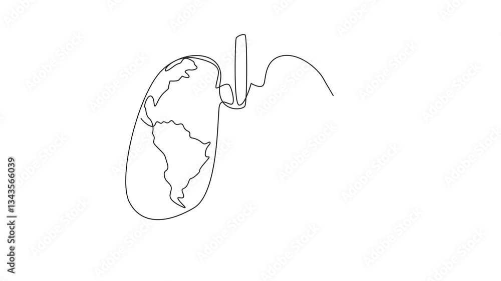 Poster animated self drawing of single one line drawing lungs with a world map in the middle. awareness mus