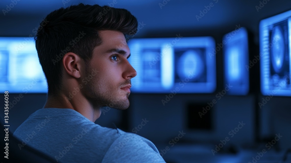 Aufkleber focused caucasian male analyzing data on multiple computer screens in a dimly lit room, cybersecurit