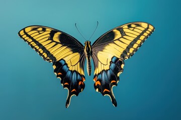 Fototapeta premium A beautiful butterfly shows its wings against a vibrant blue background