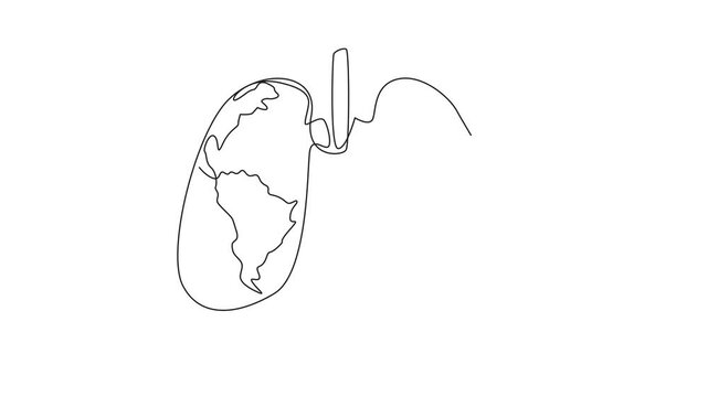 Animated self drawing of single one line drawing lungs with a world map in the middle. Awareness must be raised in the world. Maintain lung health. World Tuberculosis Day. Full length animation