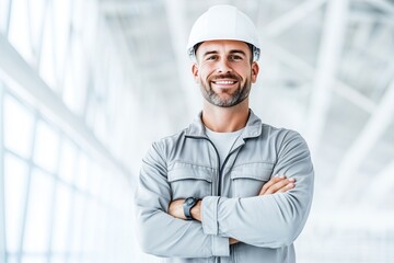 Construction worker with safety helmet smiling confidently in a modern building hall