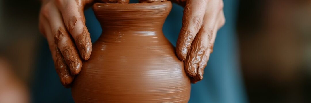 Hands sculpting clay pot on pottery wheel, art craftsmanship creativity, traditional handmade crafts skill