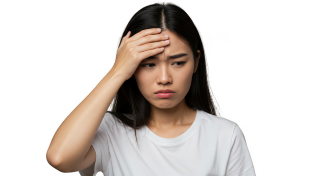 Asian woman with hand on forehead looking down in distress
