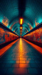 Subway tunnel with vibrant graffiti and lighting